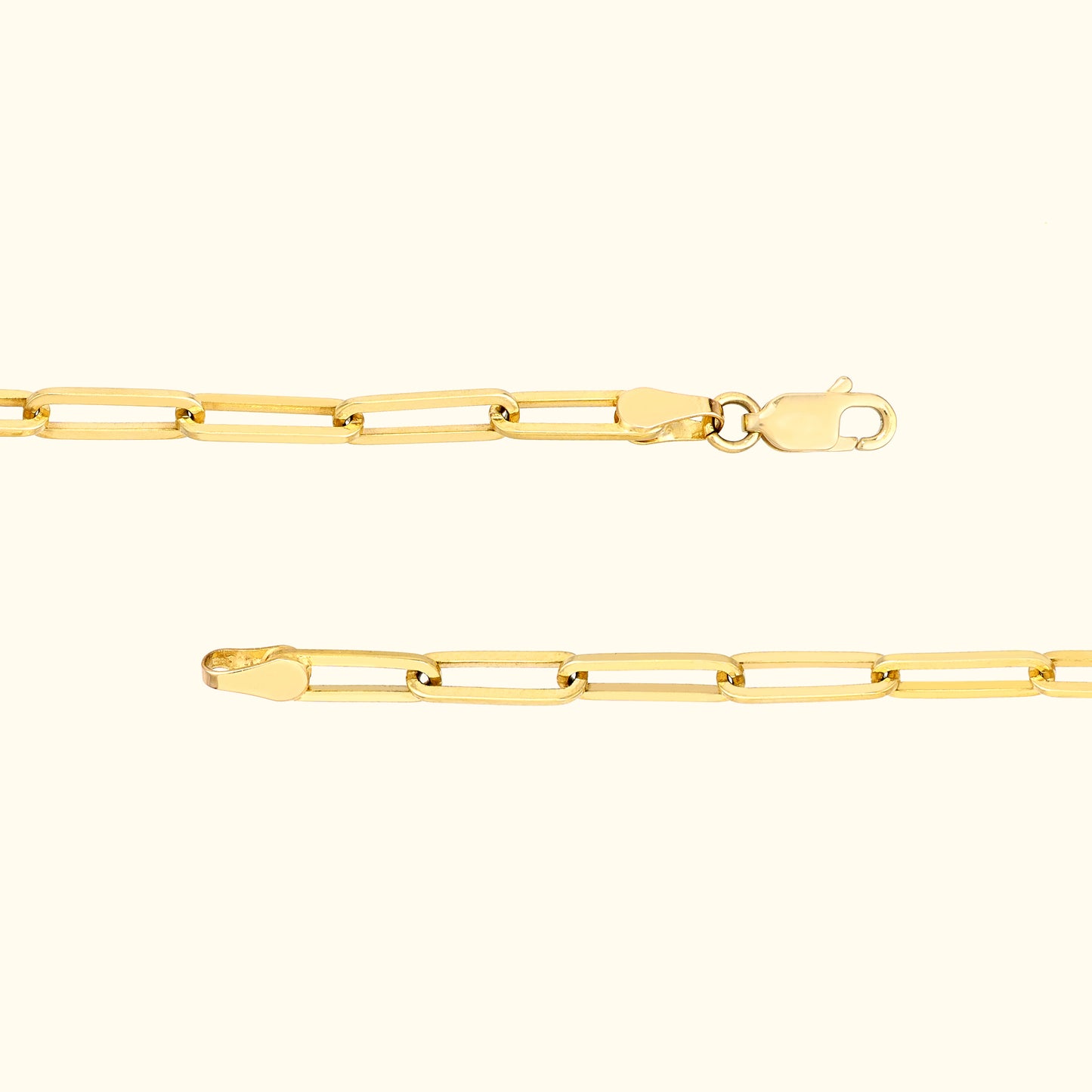 Gold chain necklace with elongated links and a lobster clasp.