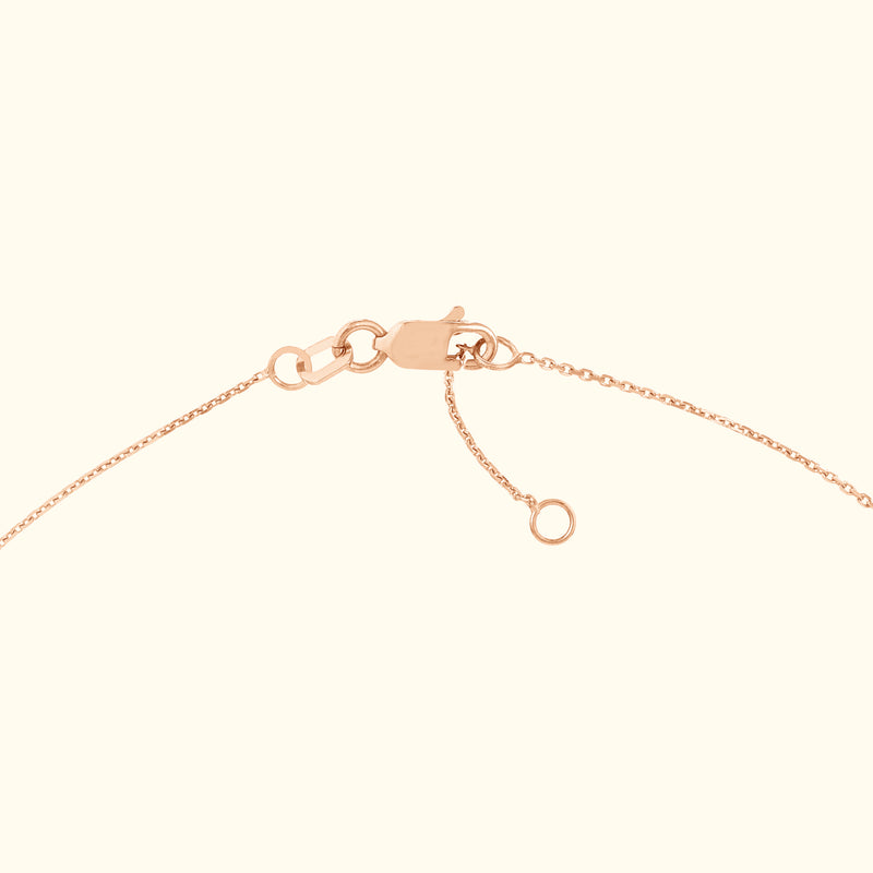 Close-up of a rose gold necklace clasp with delicate chain links.