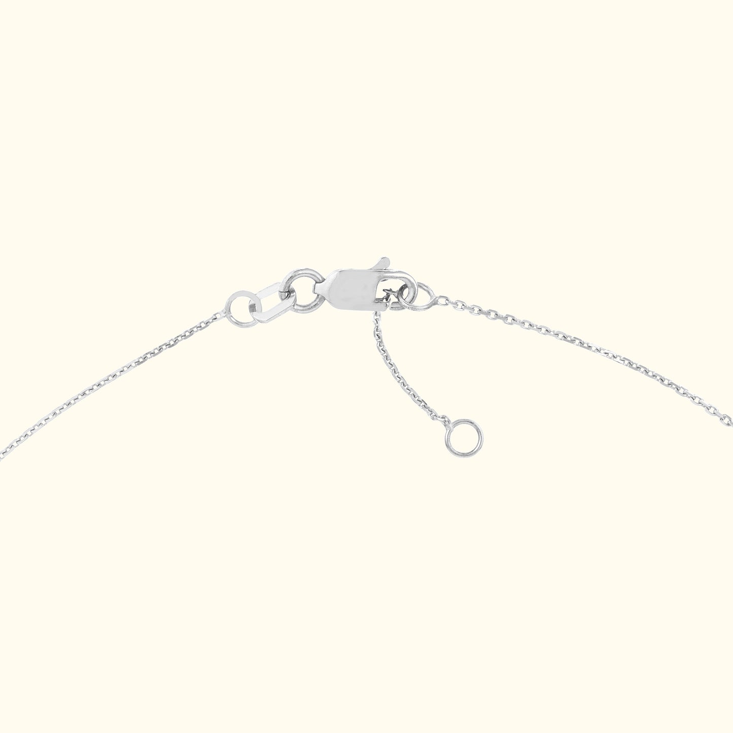 A close-up of a silver necklace clasp and chain.