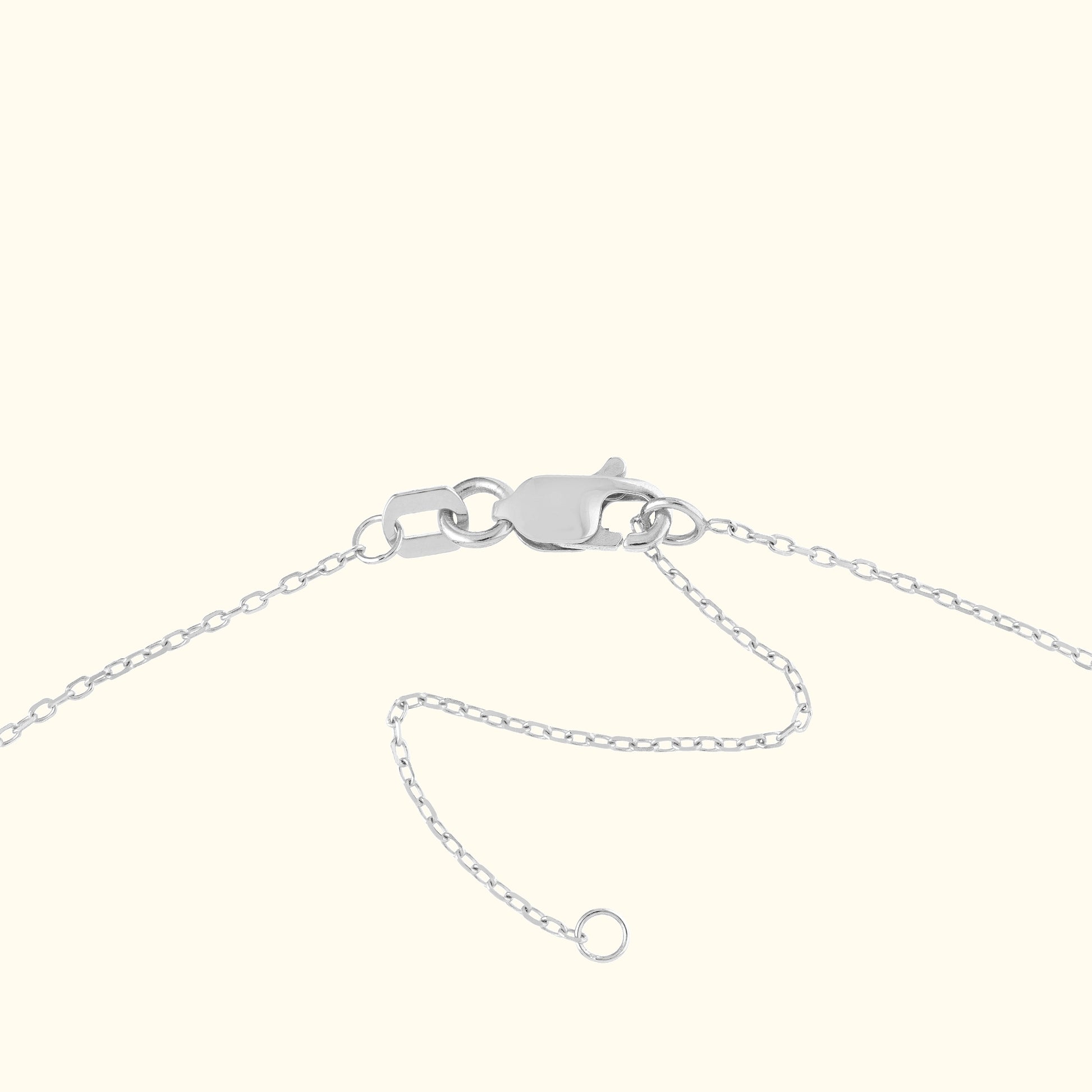 Close-up of a silver necklace clasp and chain on a neutral background.