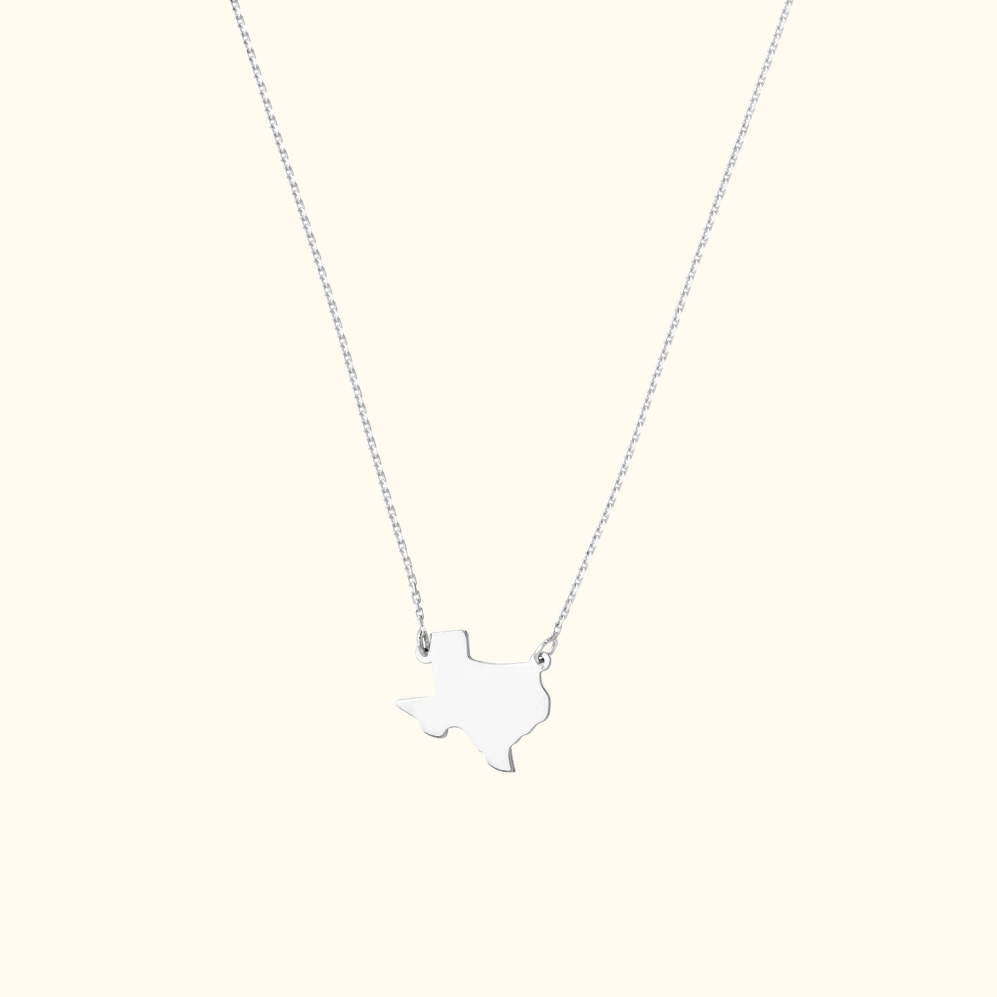 Silver necklace featuring a Texas-shaped pendant on a delicate chain.