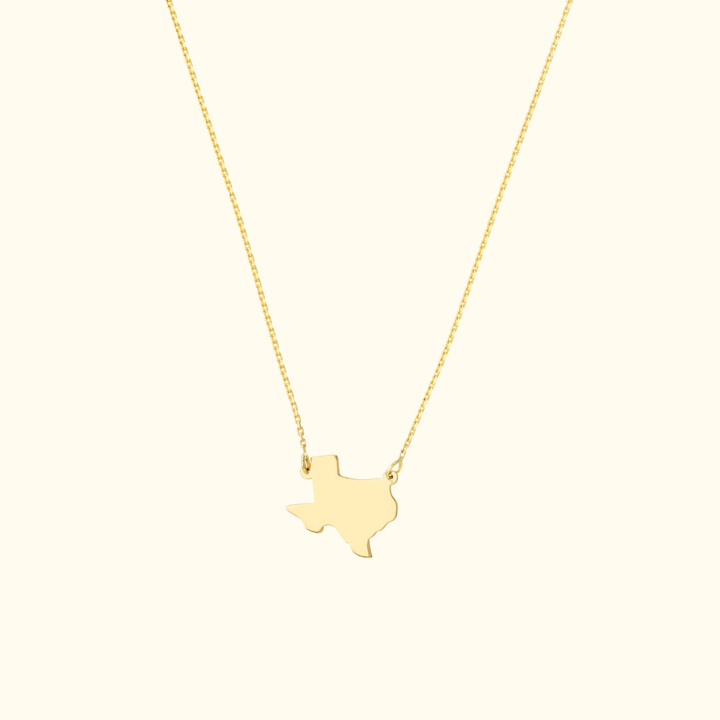 Gold necklace featuring a Texas state outline pendant on a delicate chain.