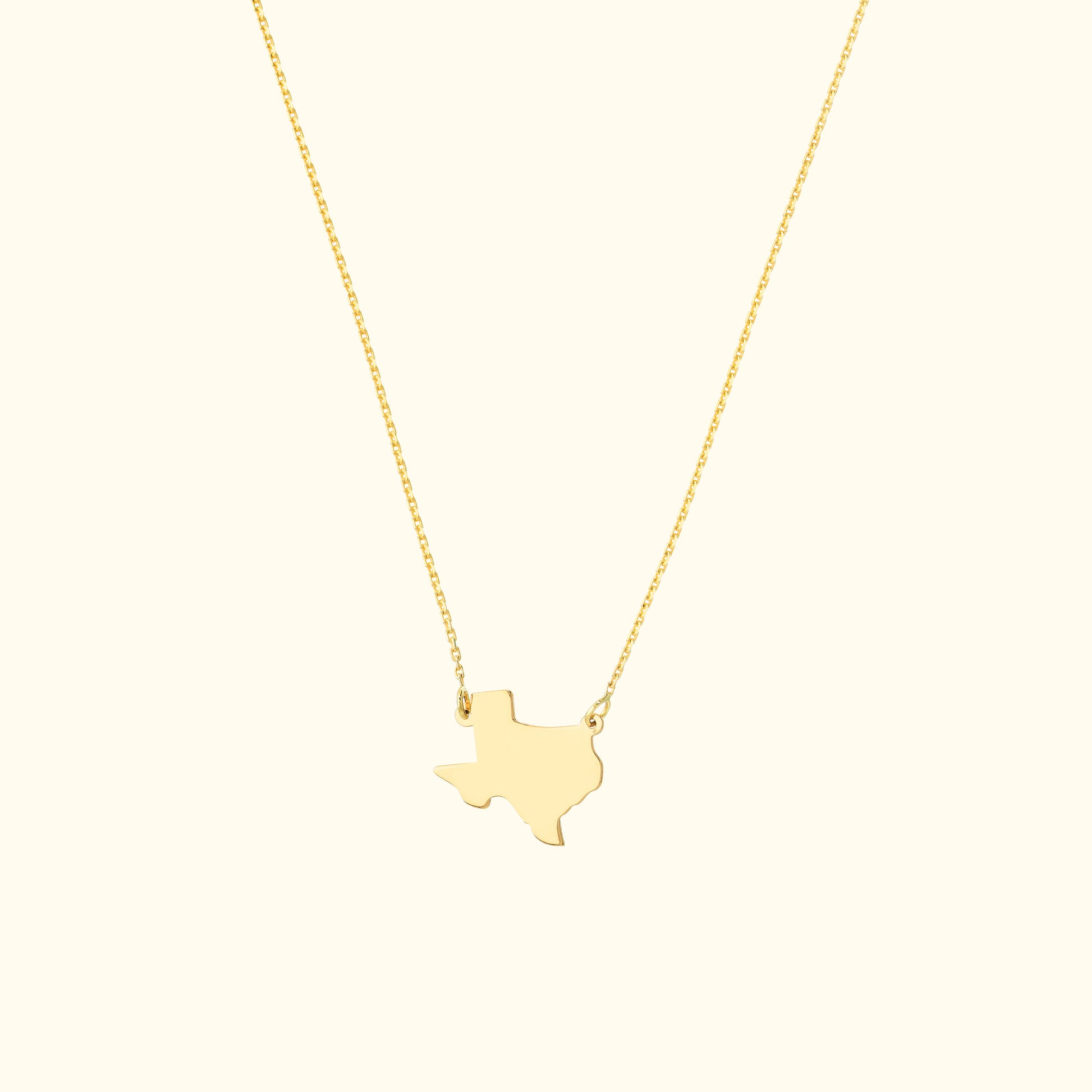 Gold necklace featuring a Texas state outline pendant on a delicate chain.