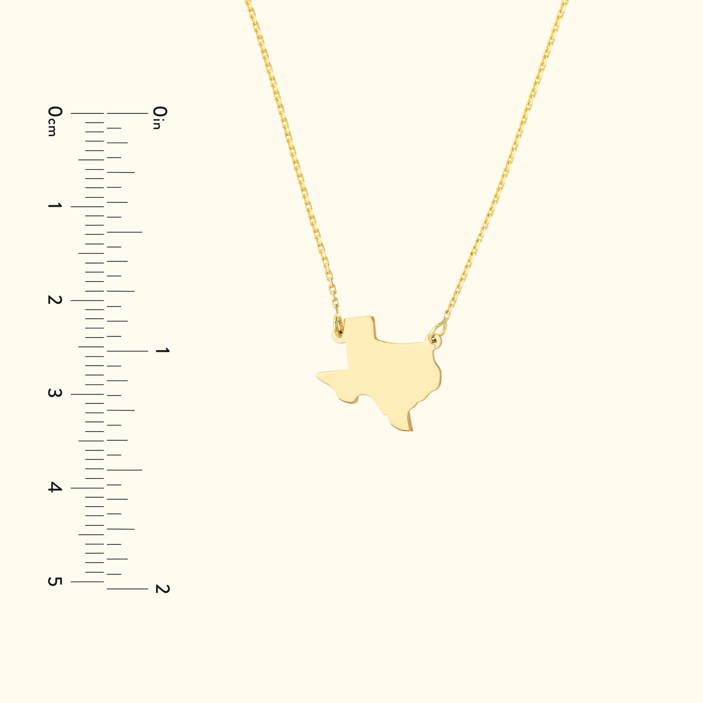 Gold necklace featuring a Texas-shaped pendant on a light background.
