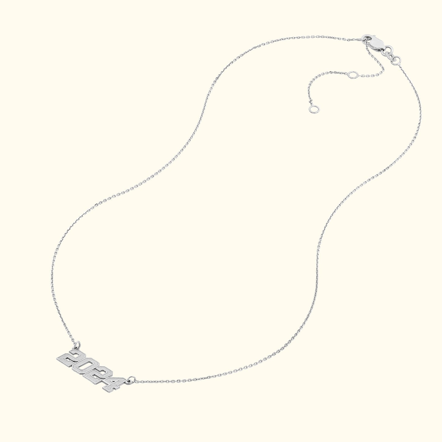 Silver necklace featuring a "2024" pendant on a delicate chain.