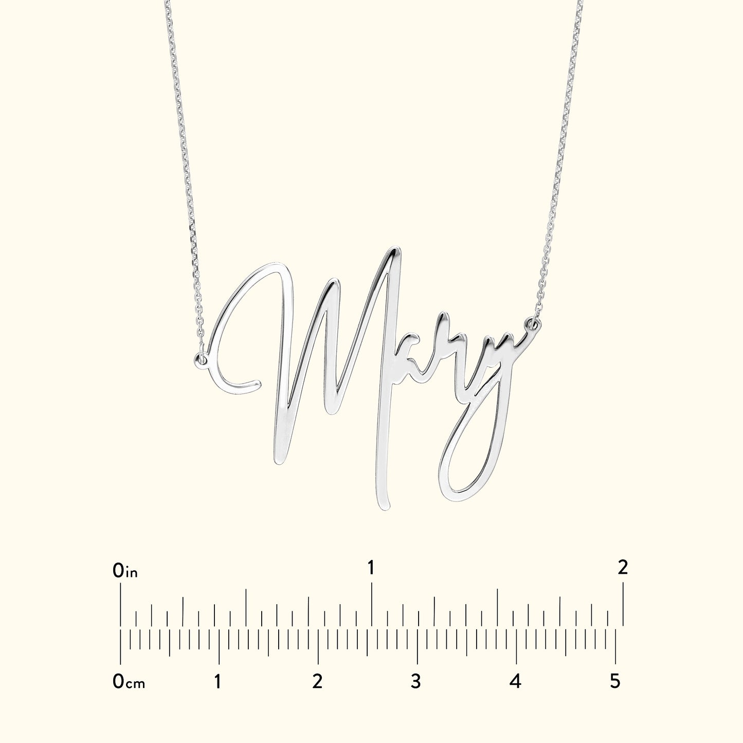 Silver necklace featuring the name "Mary" in cursive lettering.