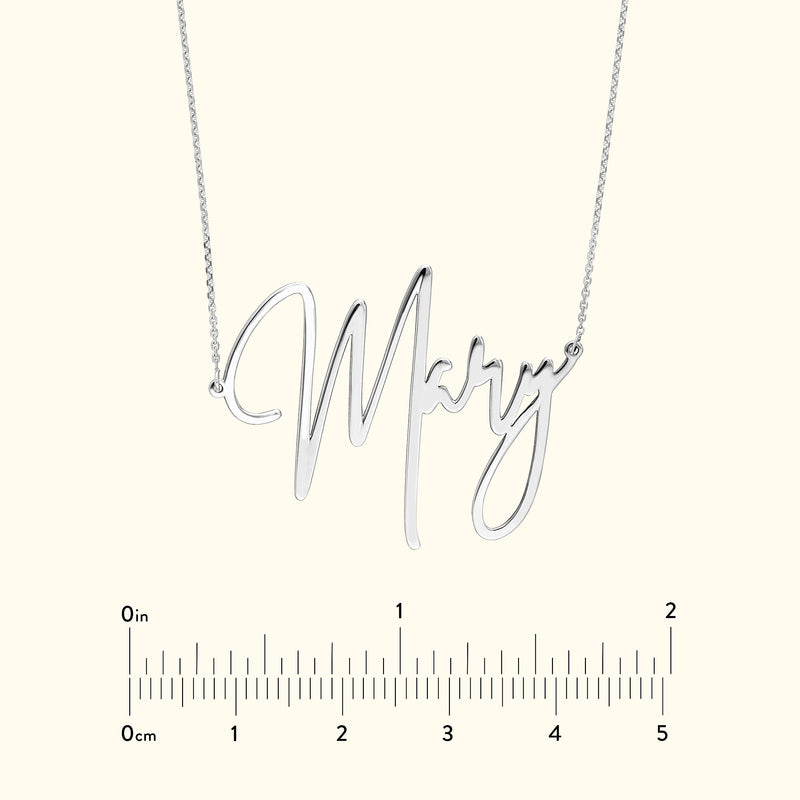 Silver necklace featuring the name "Mary" in cursive lettering.