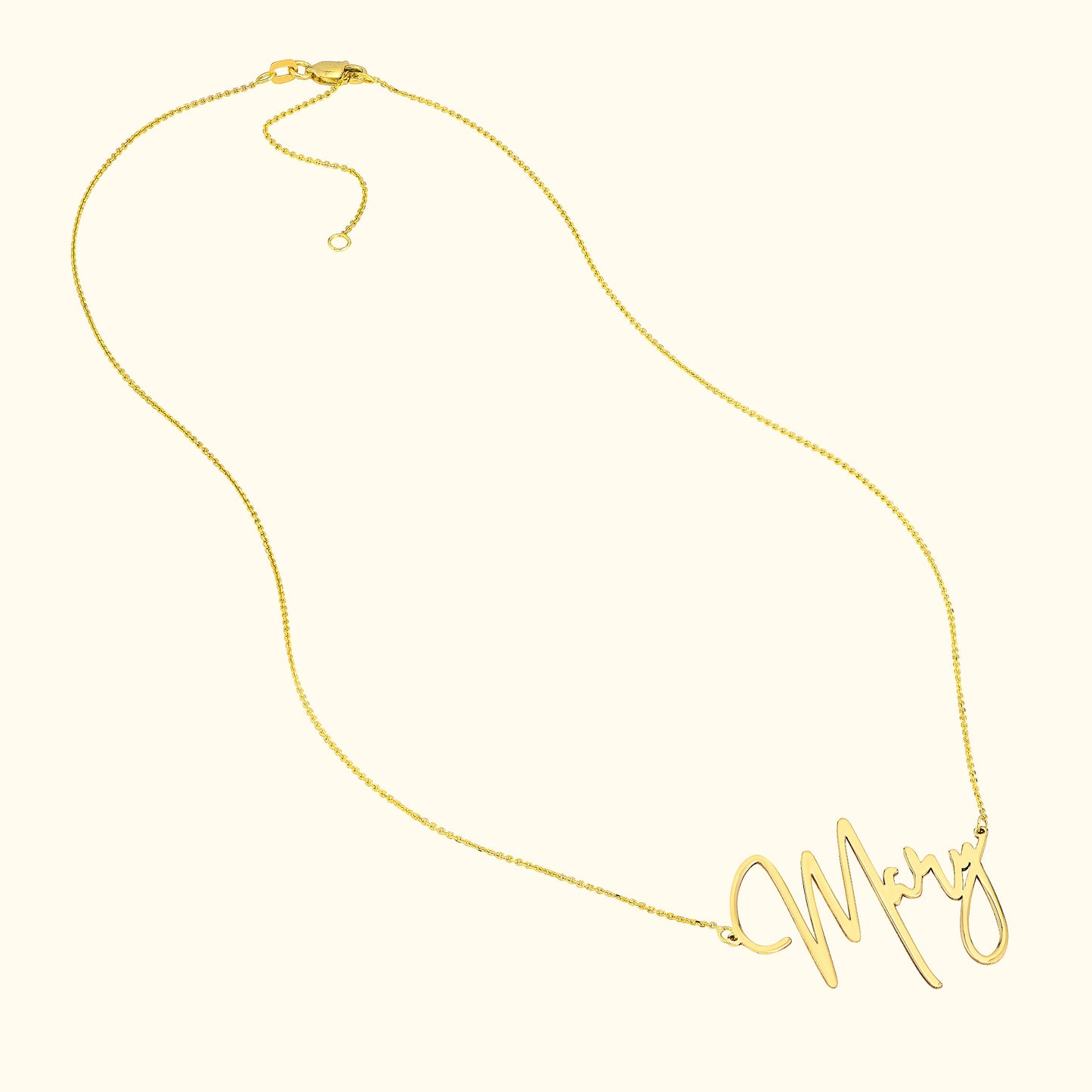 Gold necklace with a flowing script spelling "Mary."