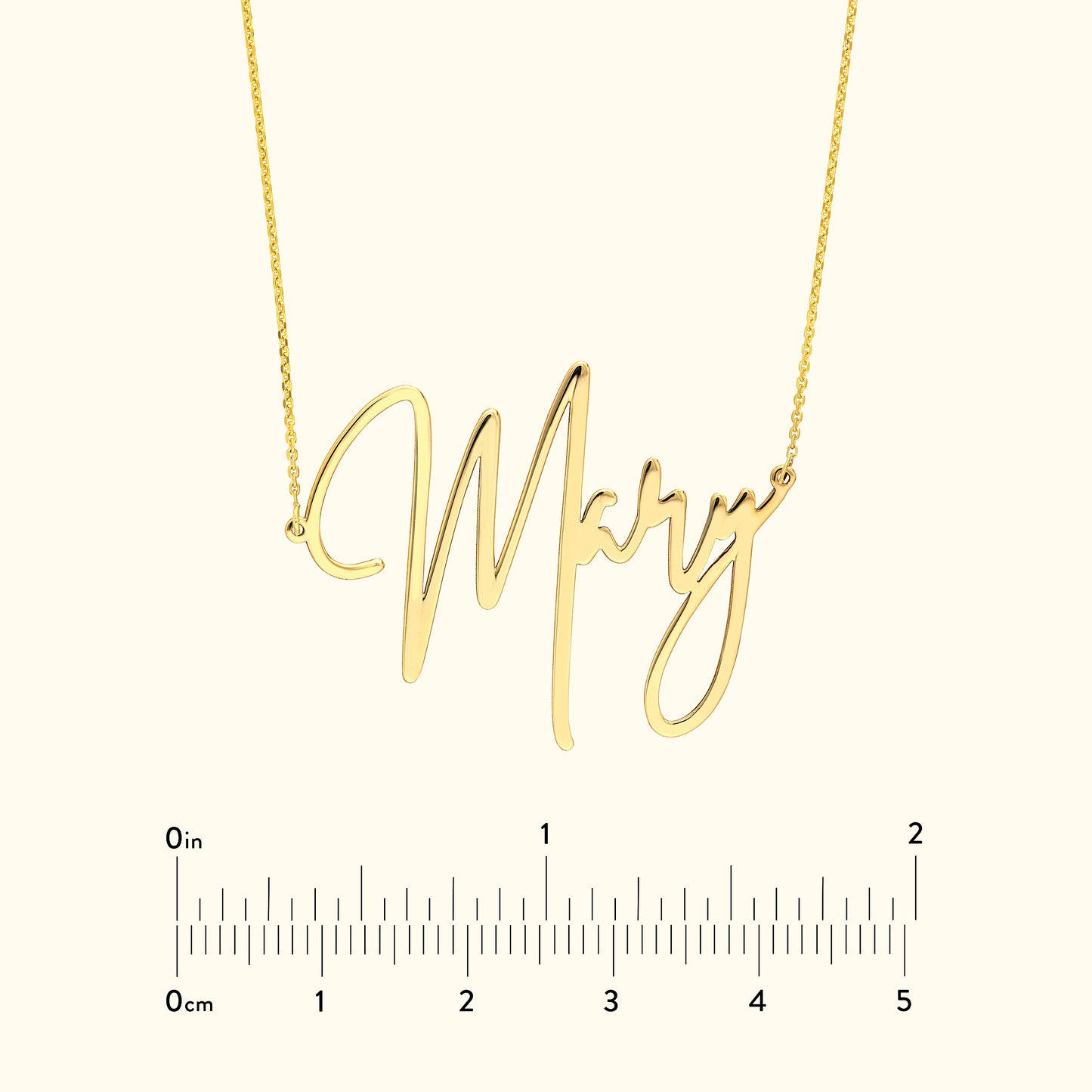 Gold necklace featuring a cursive nameplate that spells "Mary."