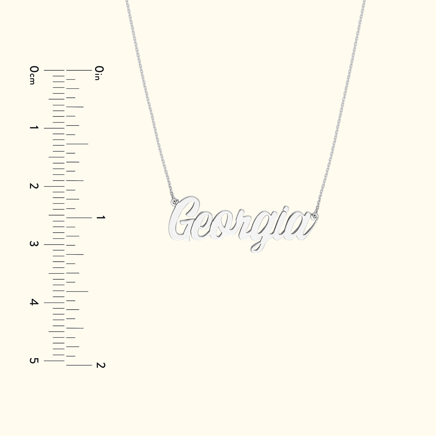 Silver name necklace with "Georgia" pendant on a delicate chain.