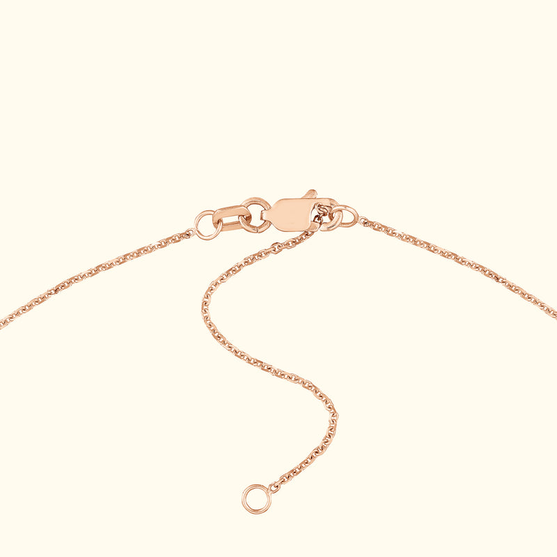 Close-up of a delicate rose gold chain necklace with a clasp and adjustable links.