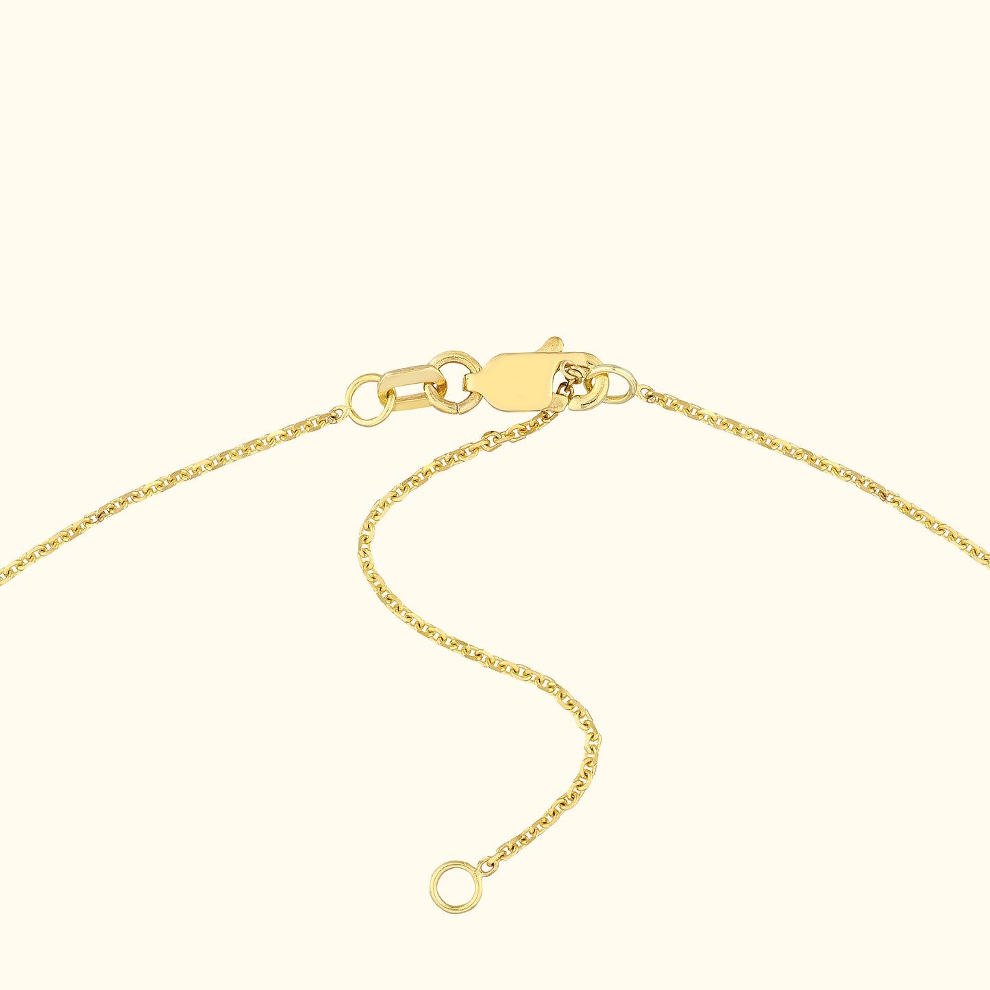 Close-up of a golden necklace clasp with a delicate chain.