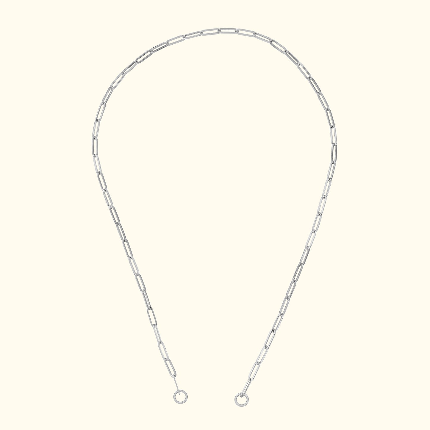 Silver chain necklace with elongated links, displayed against a light background.