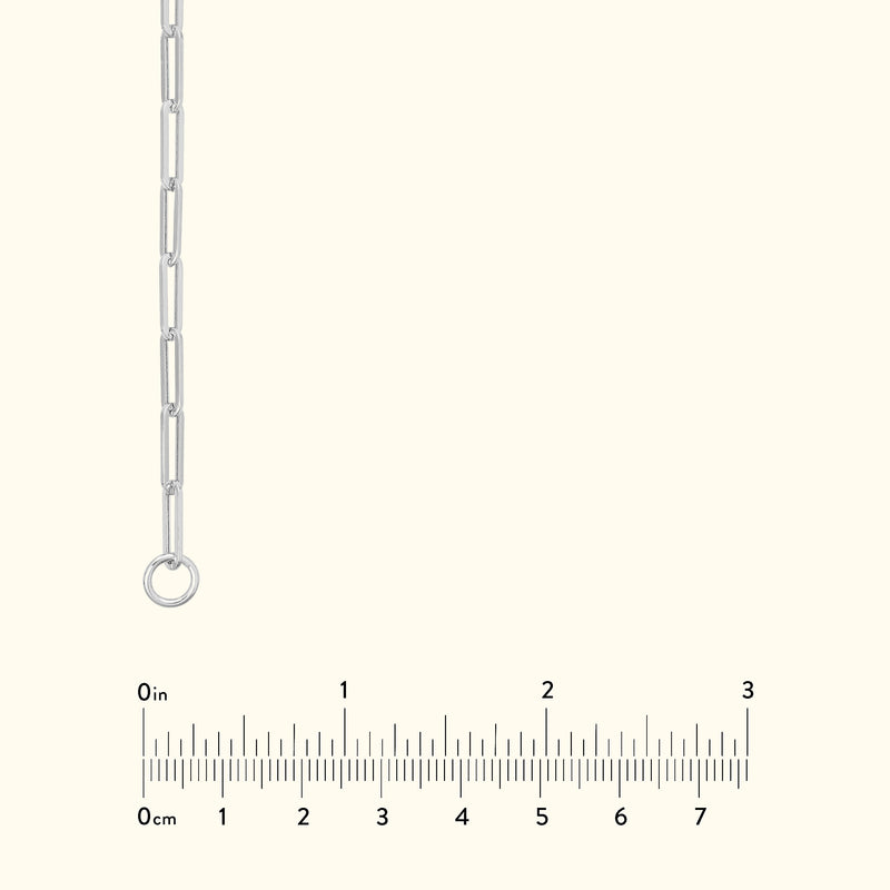 Silver chain with elongated links, displayed against a light background.