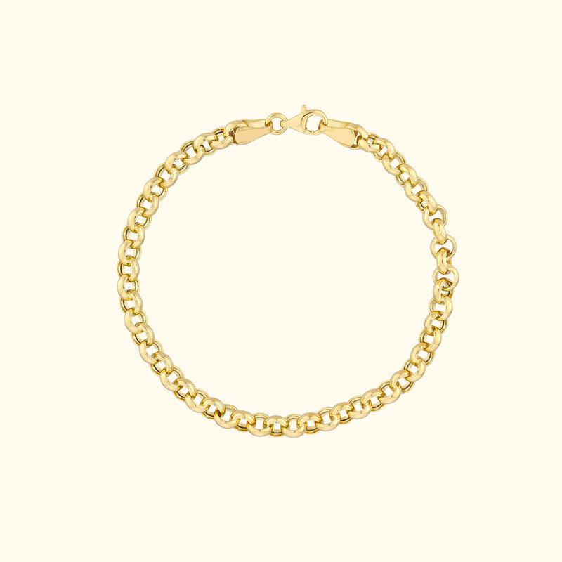 Gold chain bracelet with a secure clasp, featuring smooth, rounded links.