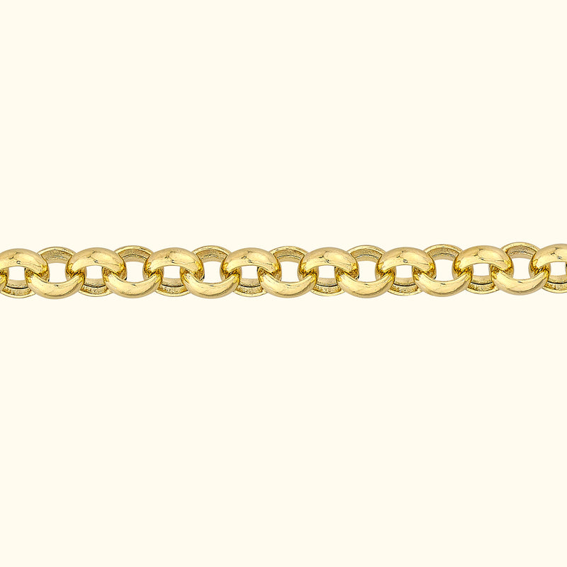 Shiny gold chain bracelet with interlocking links on a light background.