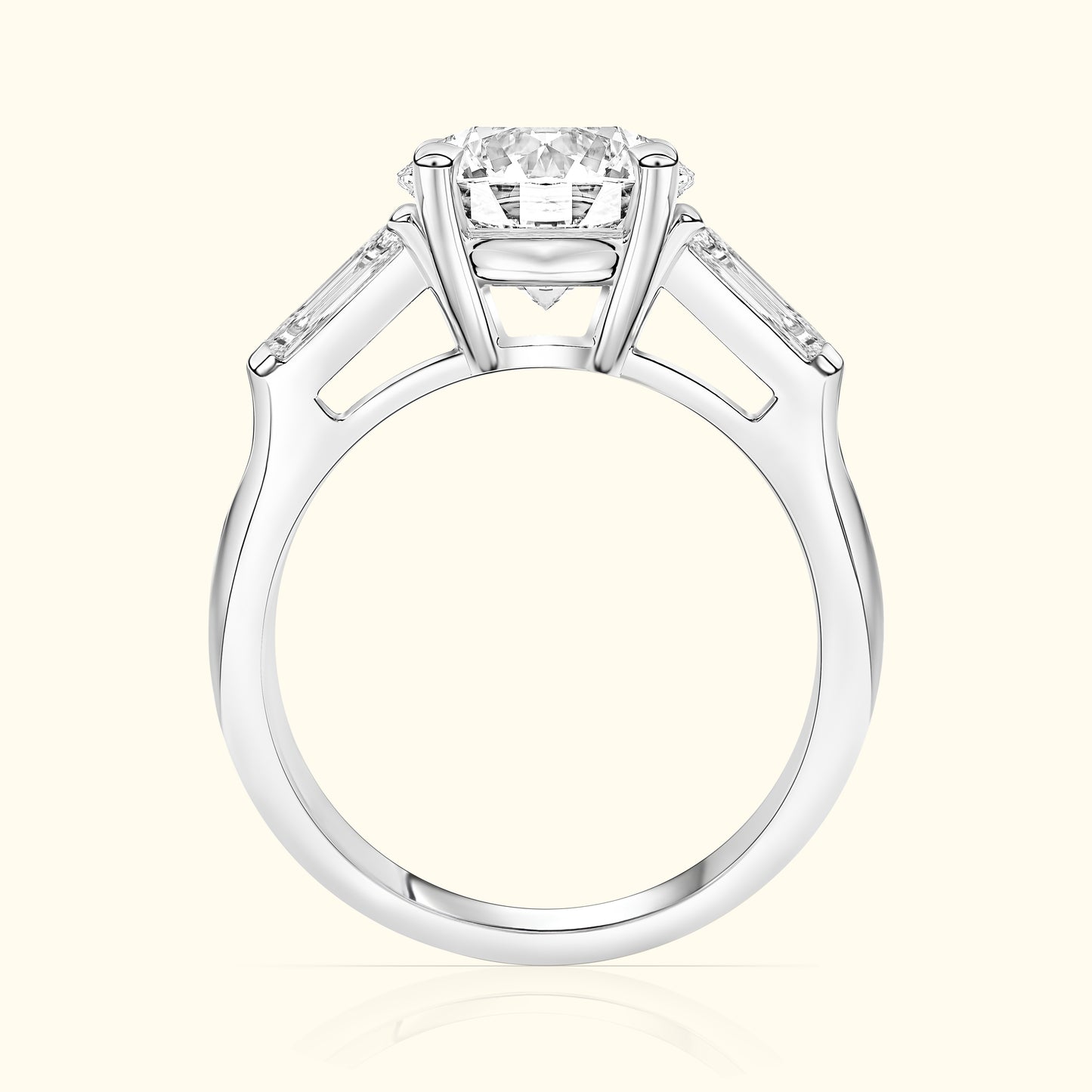 Elegant silver engagement ring featuring a central diamond and two side stones.