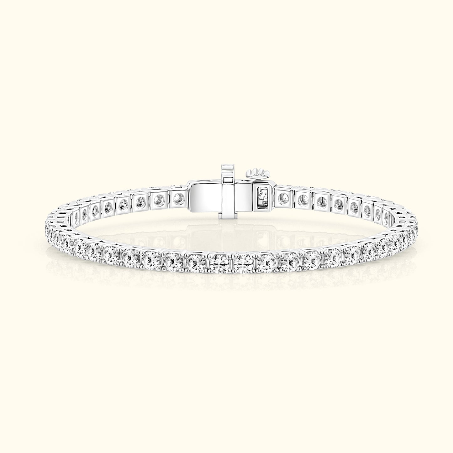 Elegant diamond tennis bracelet with a secure clasp and a sparkling row of stones.