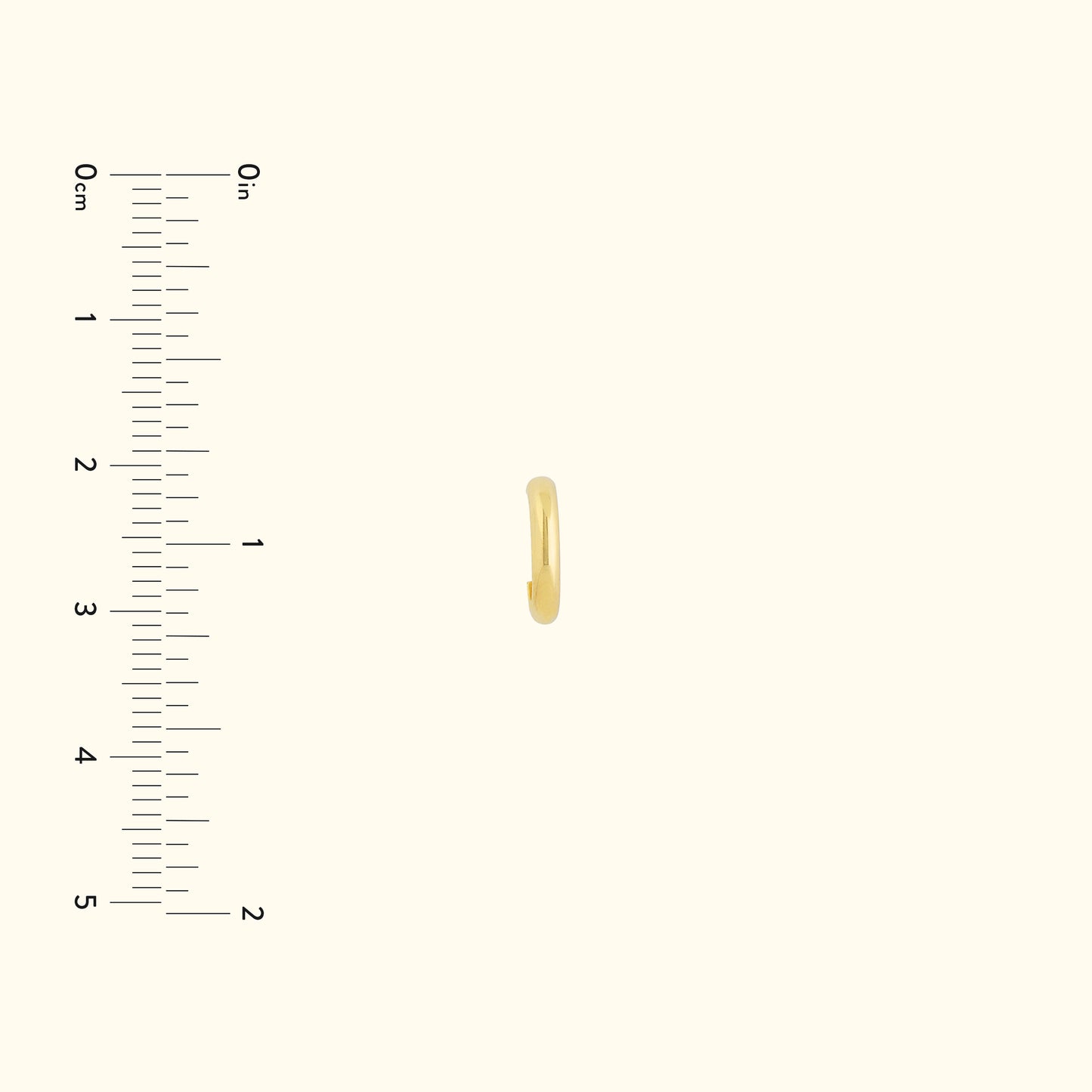 Small, simple gold hoop earring displayed next to a ruler for size comparison.