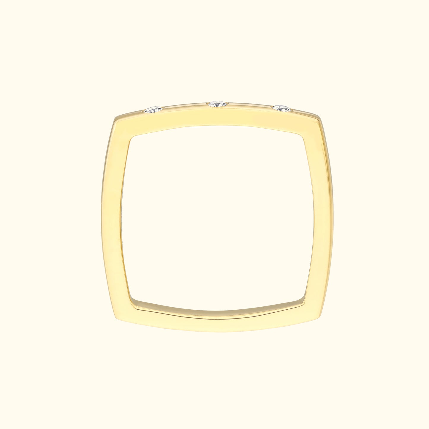Gold geometric ring with three small diamonds set at the top.