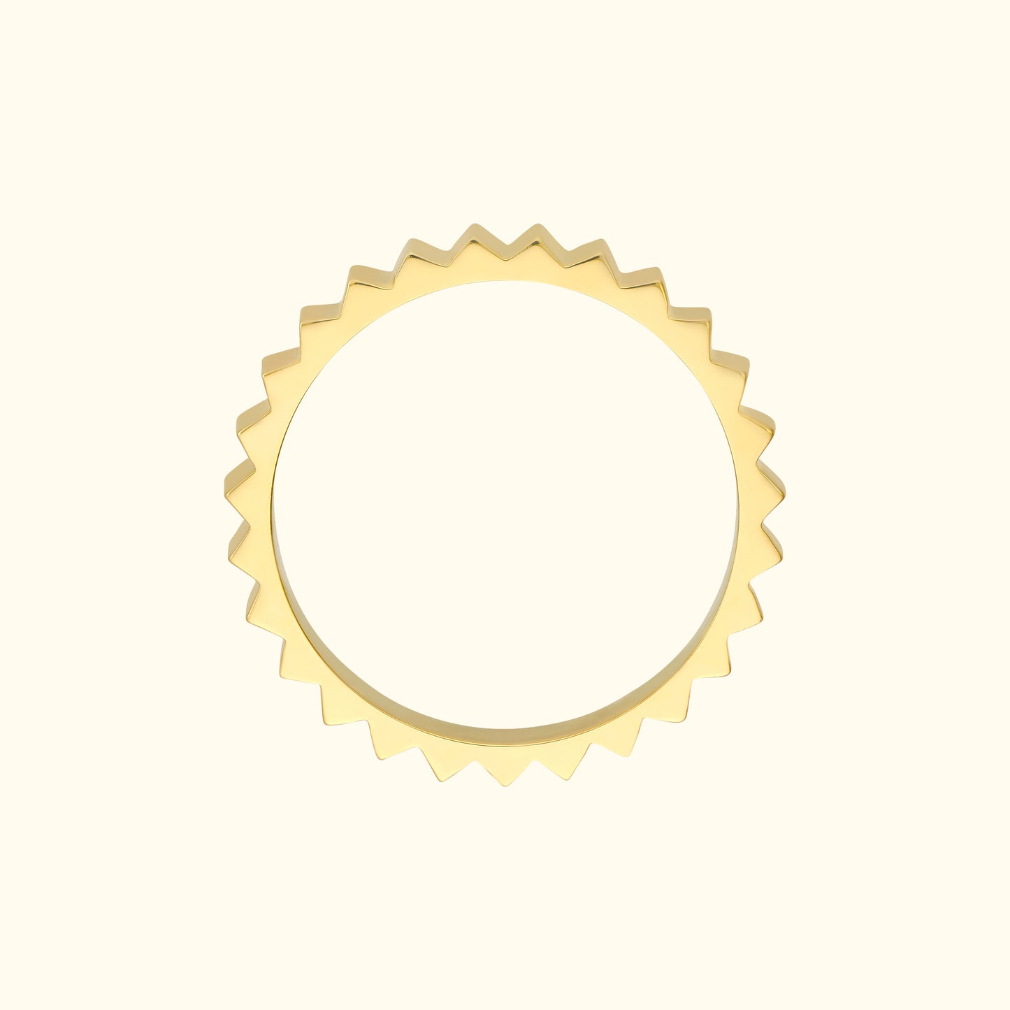 Yellow gold band with a zigzag edge design set against a light background.