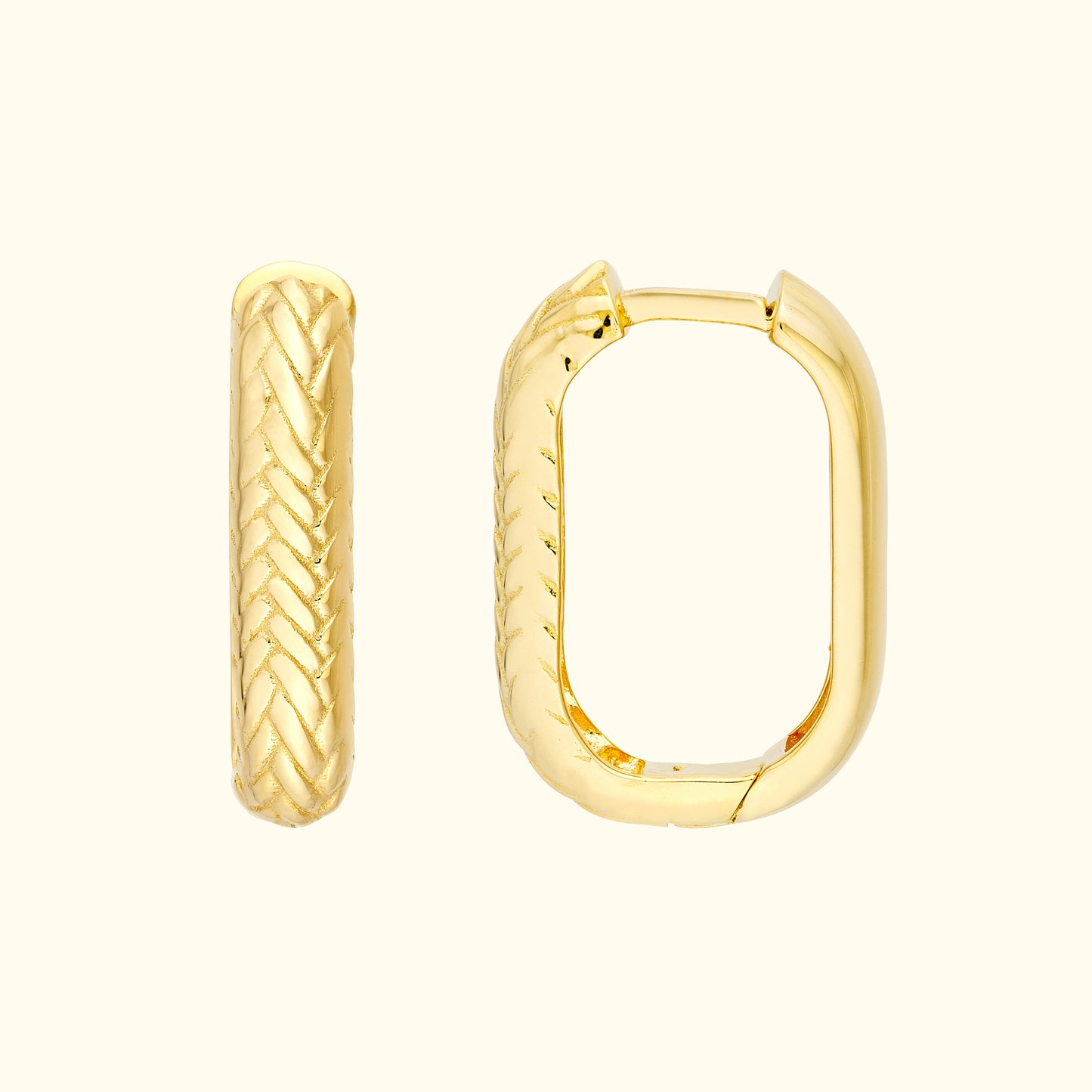 Gold hoop earrings with a braided texture and a smooth finish.