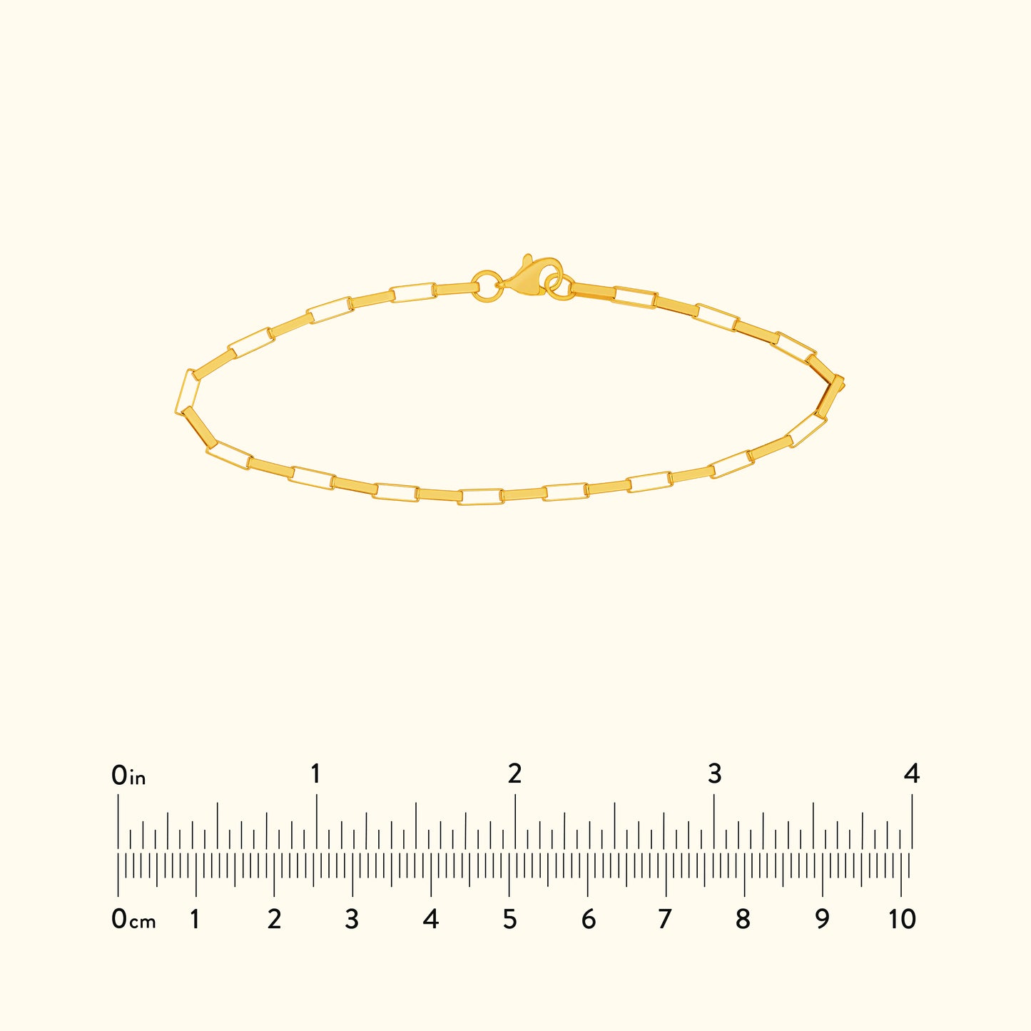Gold chain bracelet with rectangular links and a lobster clasp.
