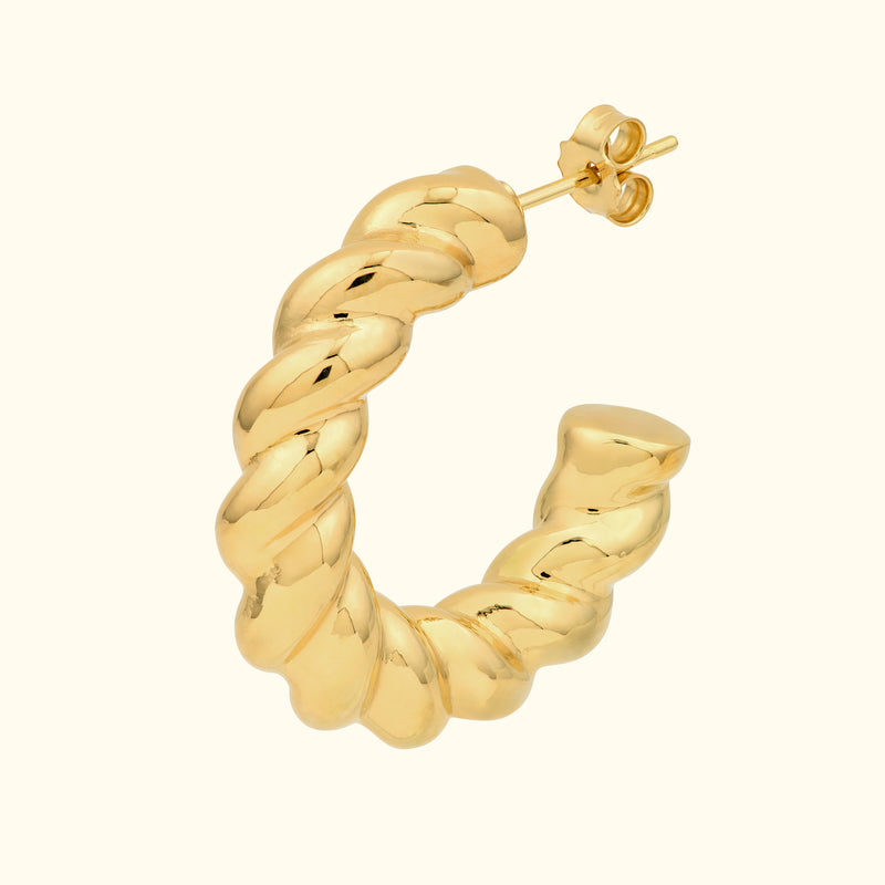 Twisted gold hoop earring with a polished finish and secure post-back closure.