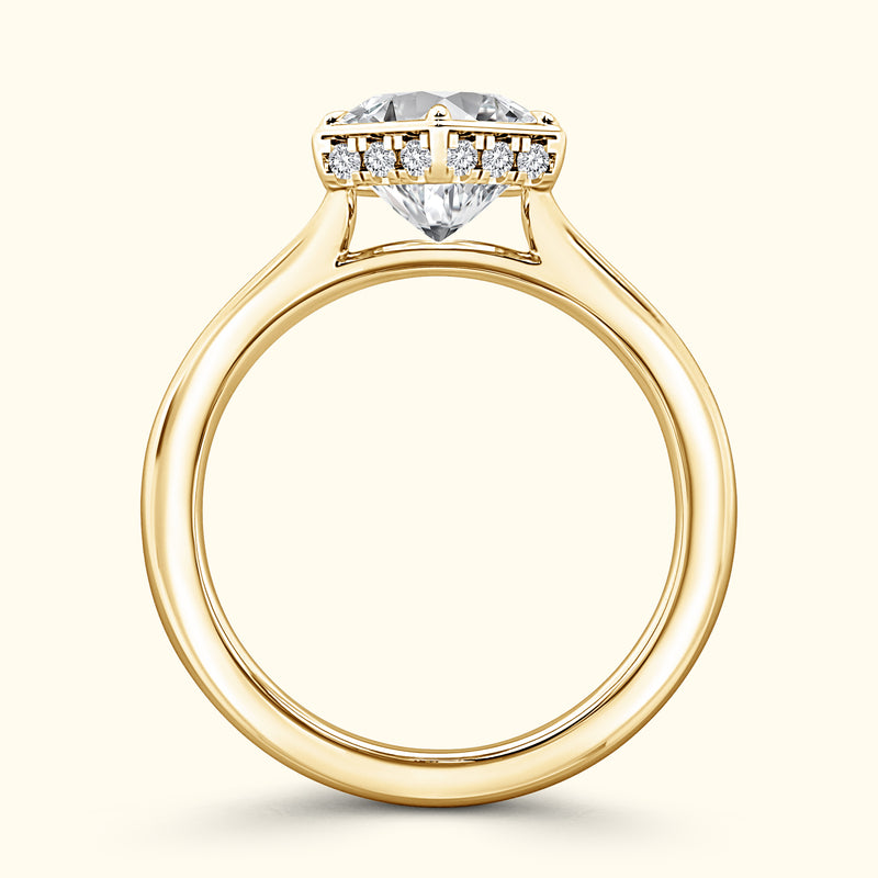 Heart-shaped diamond engagement ring with a yellow gold band and accent stones.