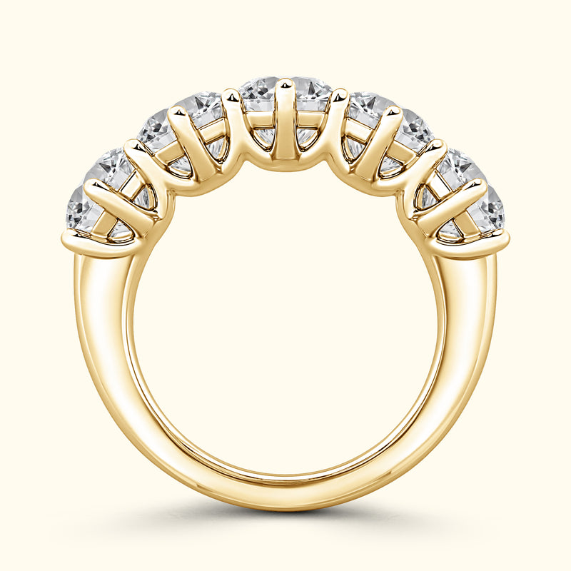 Gold band ring featuring five sparkling gemstones arranged in a row.