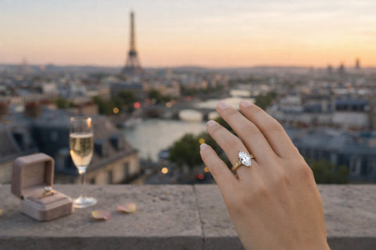 Billig's engagement ring with marquise diamond cut in Paris right after engagement