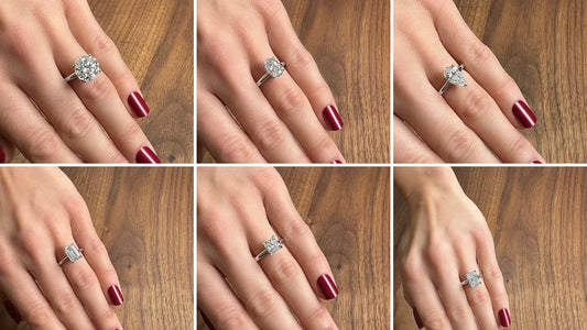 Six solitaire engagement rings worn on a hand: round, oval, pear, emerald, cushion and radiant diamonds