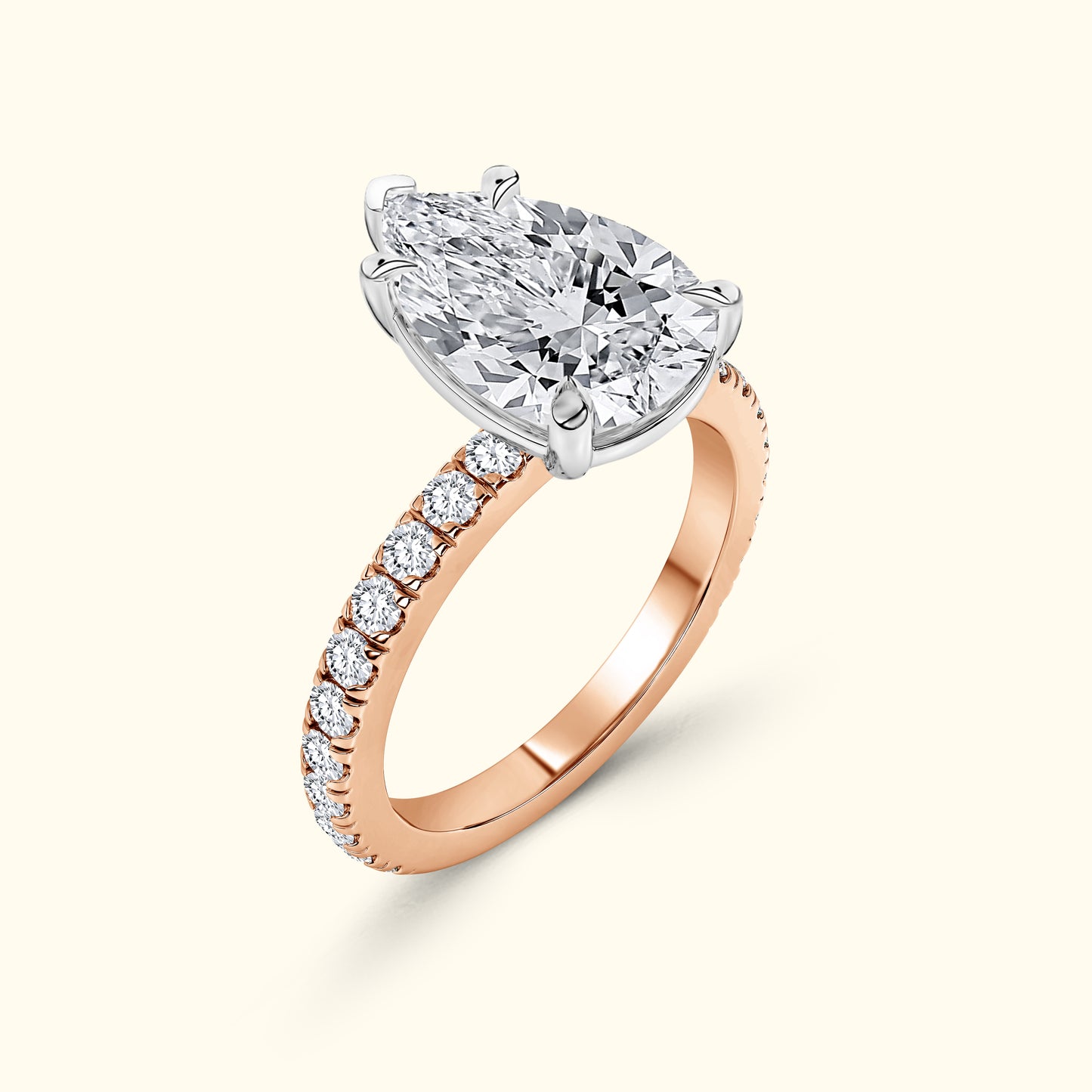 Rose gold ring featuring a large diamond and smaller stones along the band.