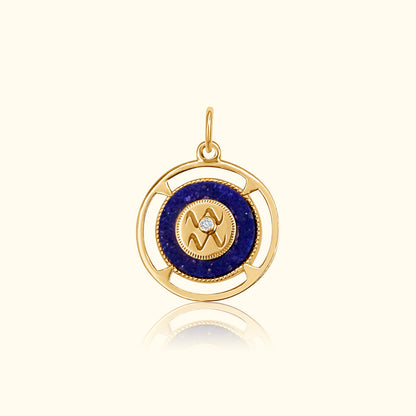 Aquarius Zodiac Lapis and Diamond Medallion
