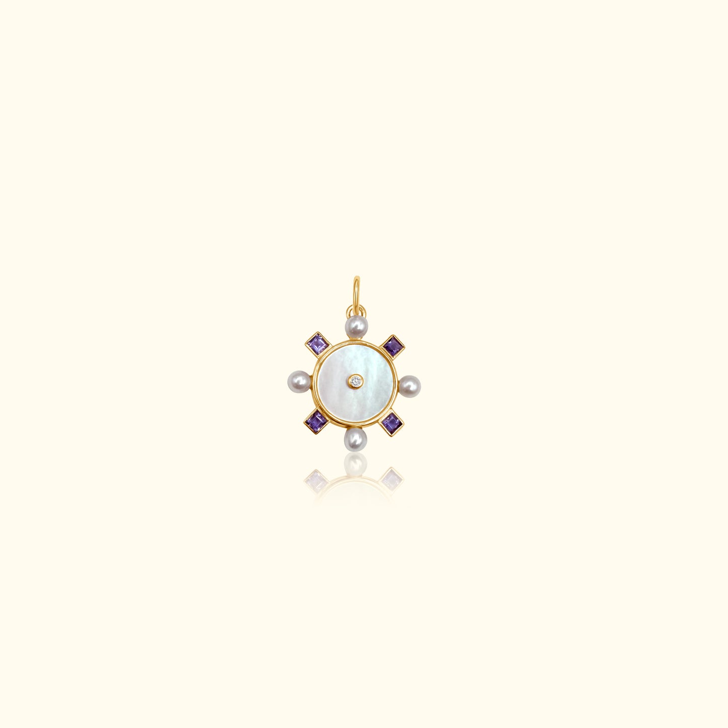 Shella White Mother of Pearl and Iolite Diamond Medallion
