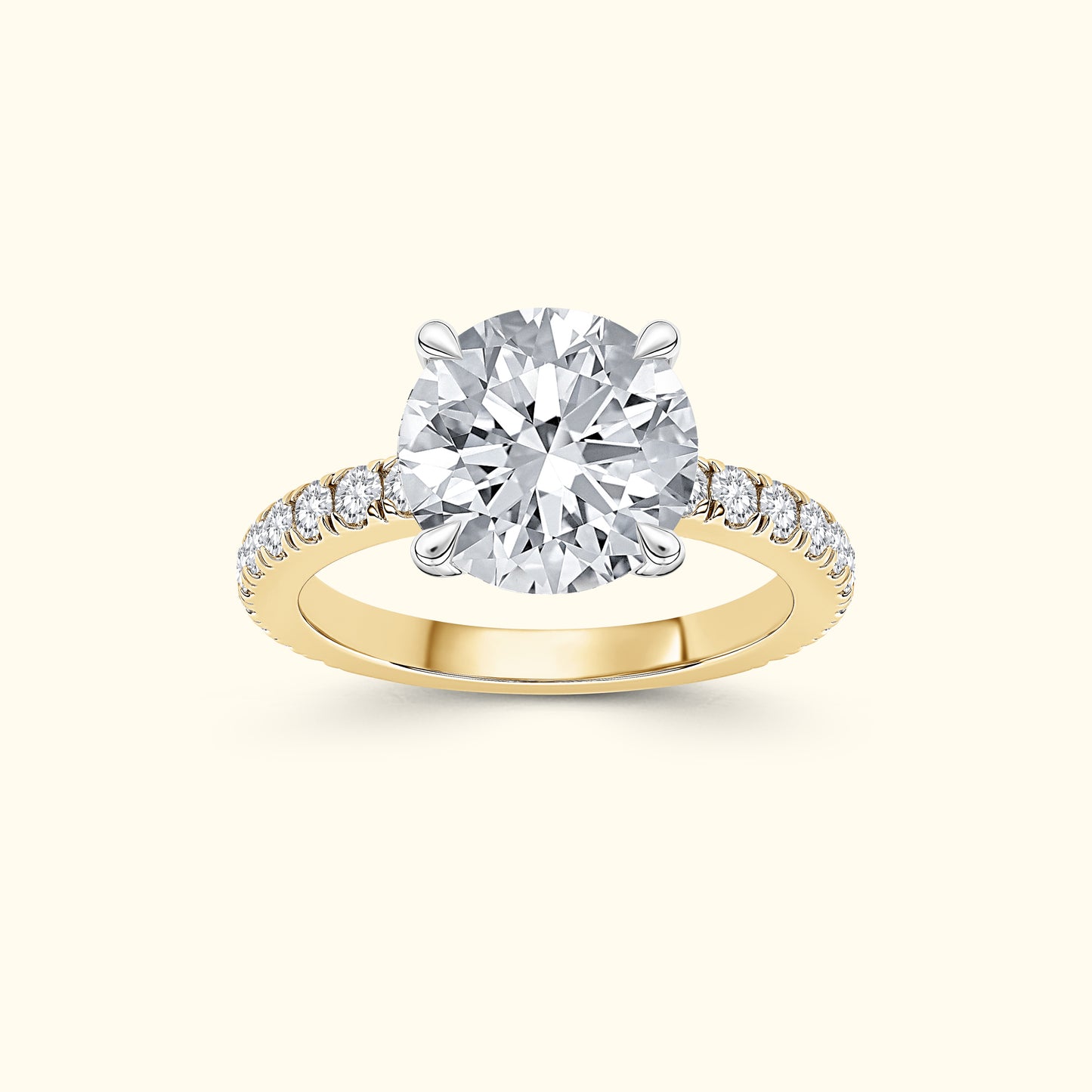 A sparkling diamond engagement ring with a round center stone and a yellow gold band.