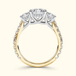 Three-stone engagement ring featuring a central diamond and side accents, set on a two-tone band.