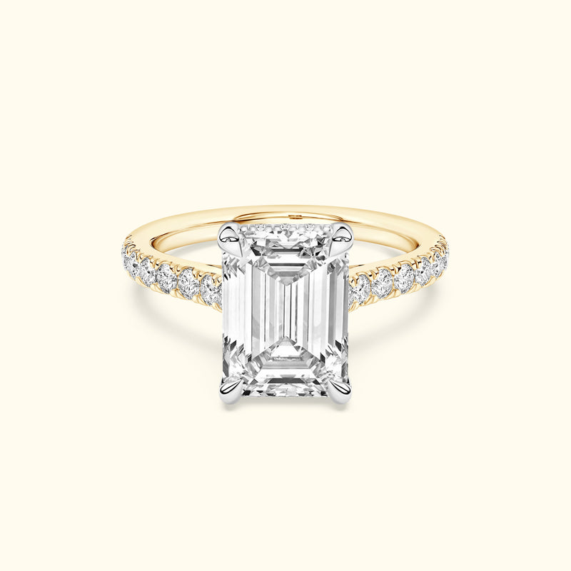 Elegant engagement ring featuring an emerald-cut diamond and a delicate band with smaller diamonds.