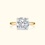 Solitaire diamond ring with a round cut stone set on a yellow gold band.