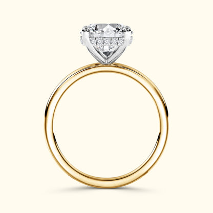 A diamond engagement ring with a gold band and a silver setting, showcasing a large gemstone.