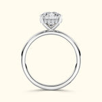 Elegant silver engagement ring featuring a large round diamond and smaller accent stones.