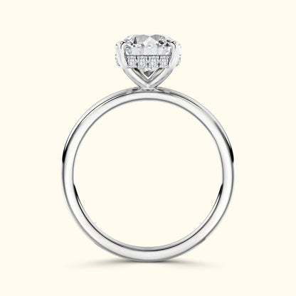 Elegant silver engagement ring featuring a large round diamond and smaller accent stones.