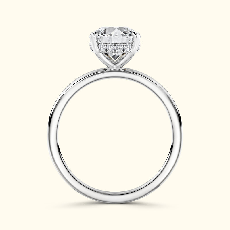 Elegant silver engagement ring featuring a large round diamond and smaller accent stones.