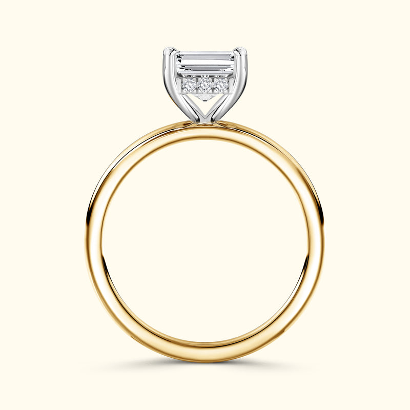 Gold and silver engagement ring featuring an emerald-cut diamond and smaller diamonds.