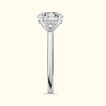 Solitaire diamond engagement ring with a sleek silver band and intricate detailing.