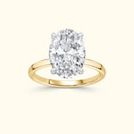 Oval diamond ring set on a yellow gold band.