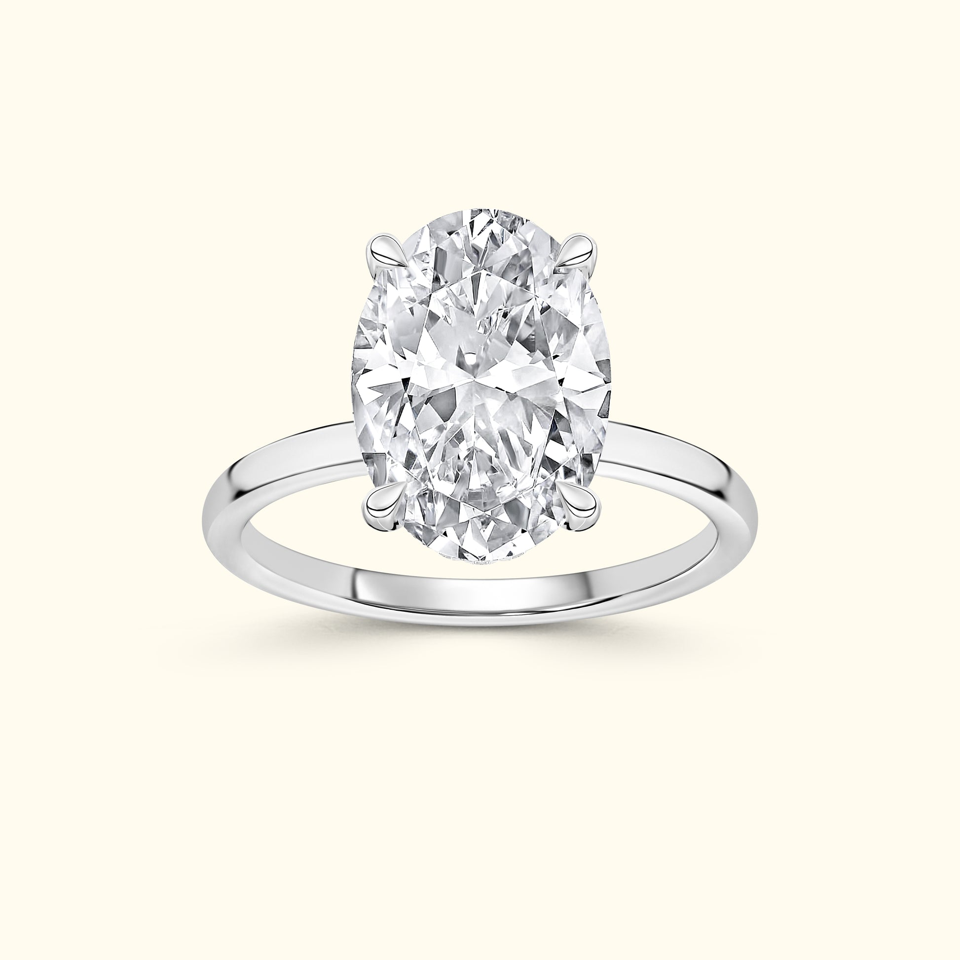 Oval diamond solitaire ring set in a white metal band.