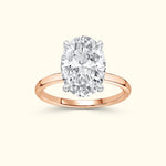 Oval diamond ring set on a rose gold band, displayed against a light background.