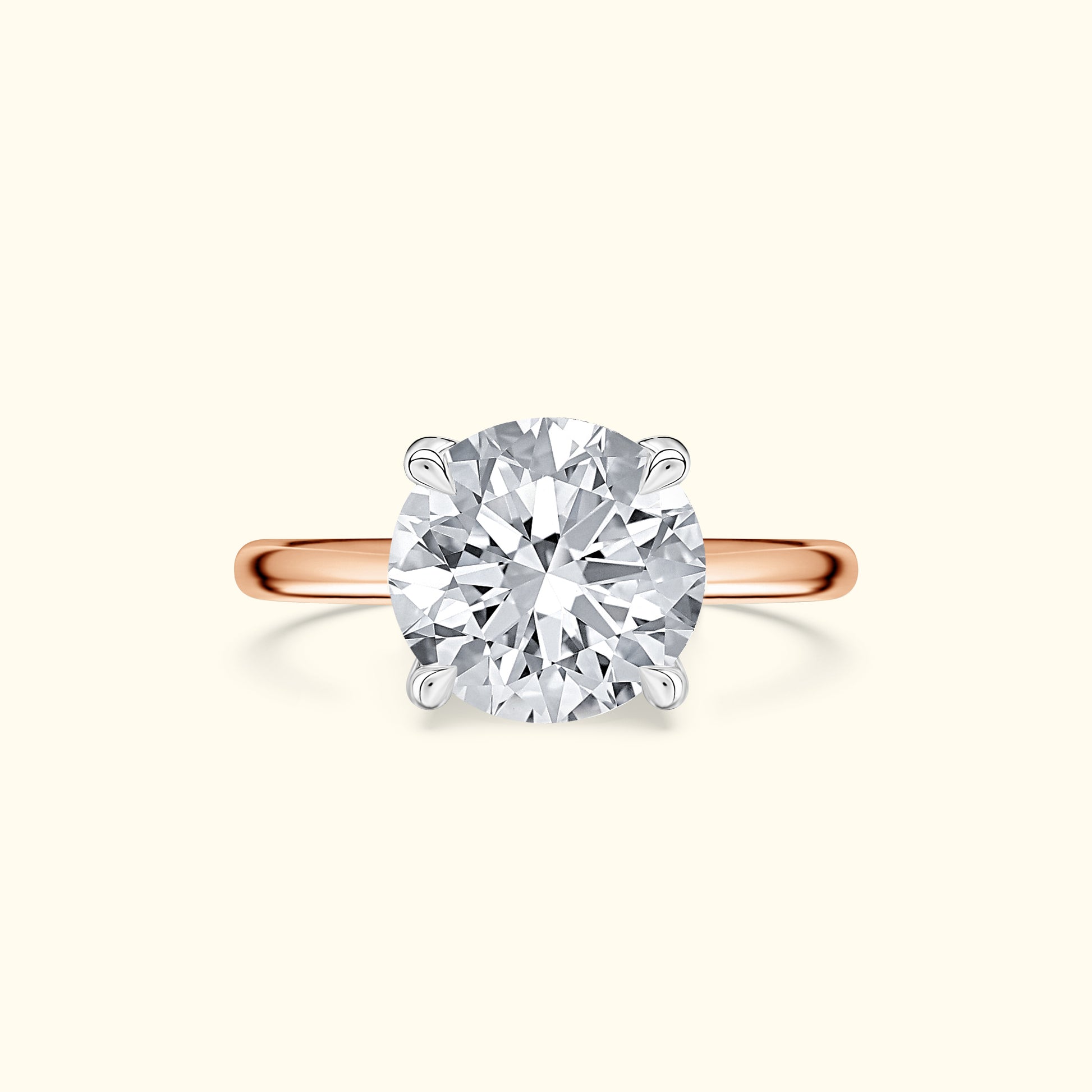 Round diamond engagement ring with a rose gold band.