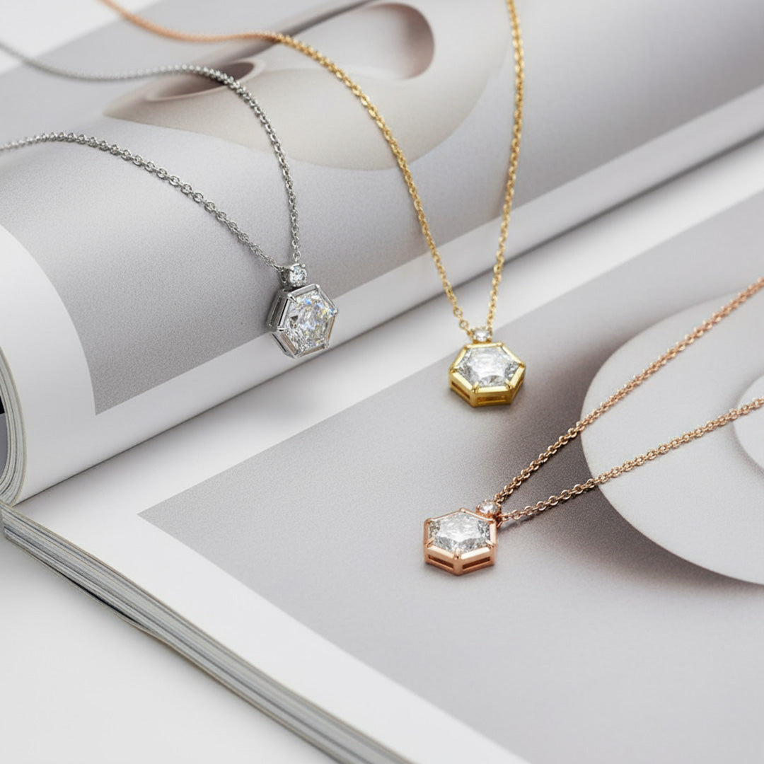 Hexagon Cut 1.00ct Diamond Pendant with Round Accent